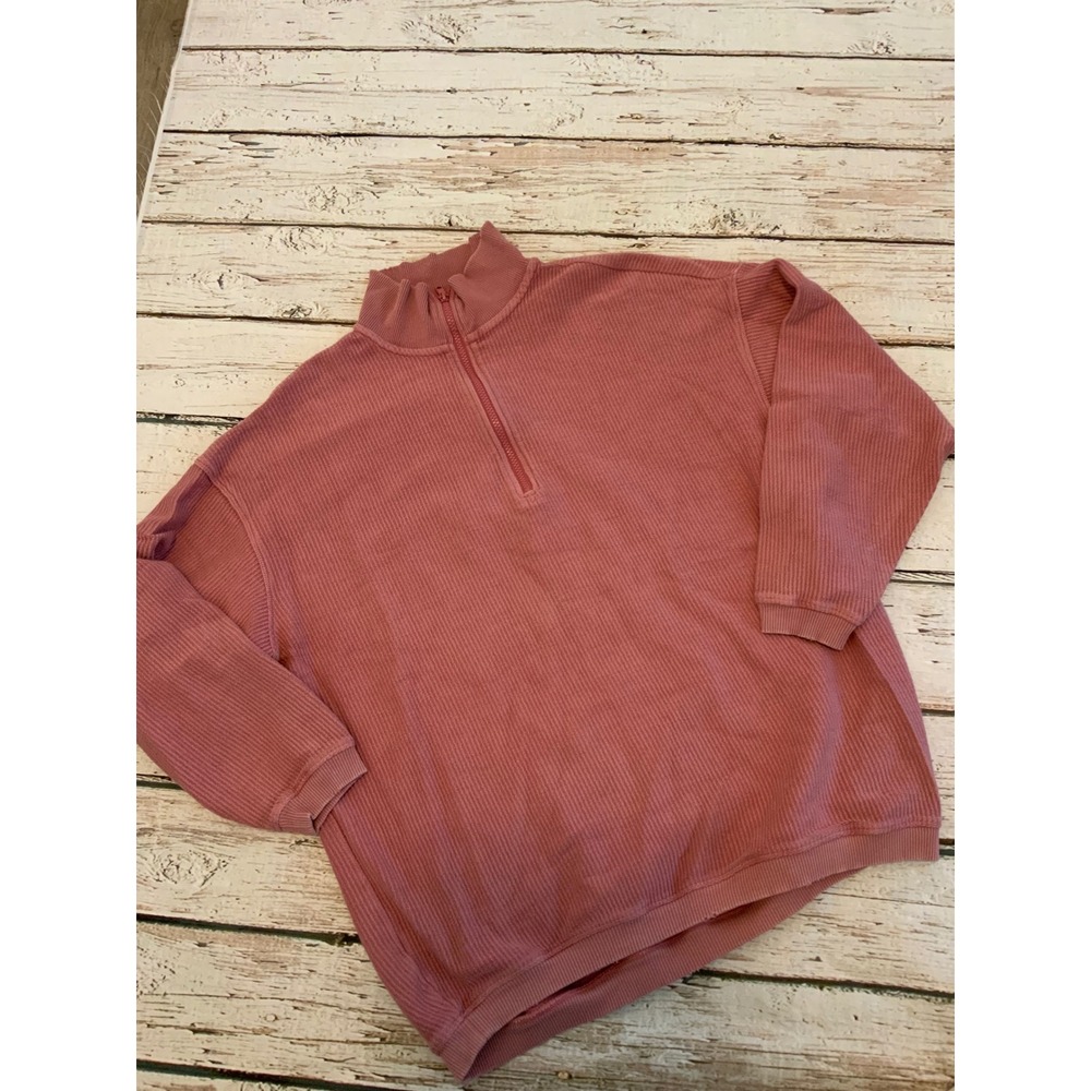 Aerie Ribbed Quarter Zip Pullover Sweatshirt Rose Pink Small Mock Neck Oversized